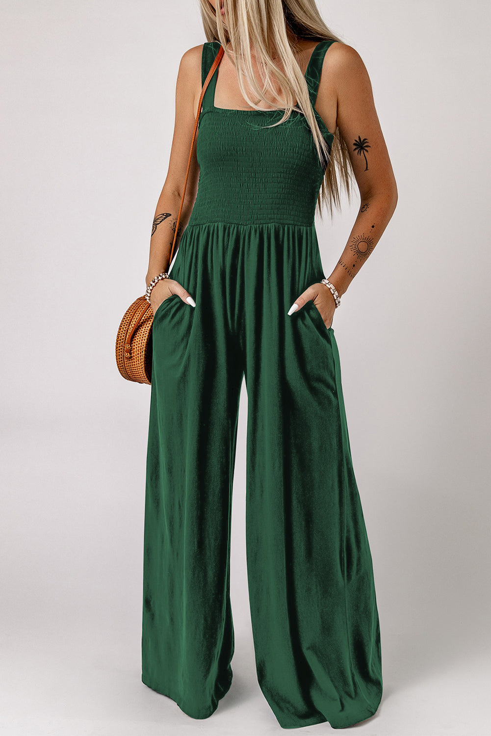 Black Casual Smocked Sleeveless Wide Leg Jumpsuit With Pockets