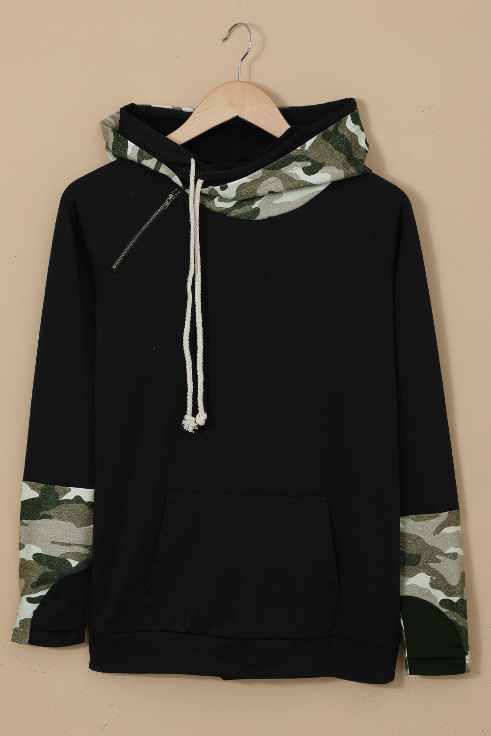 Black Raglan Sleeve Pullover Hoodie With Kangaroo Pocket