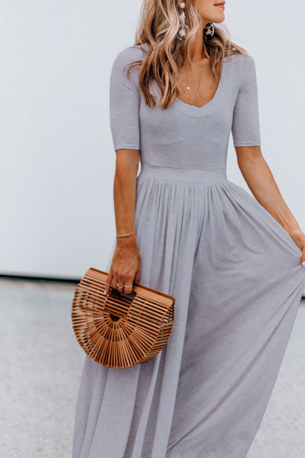 Gray Plain Basic Short Sleeve Wide Leg Jumpsuit