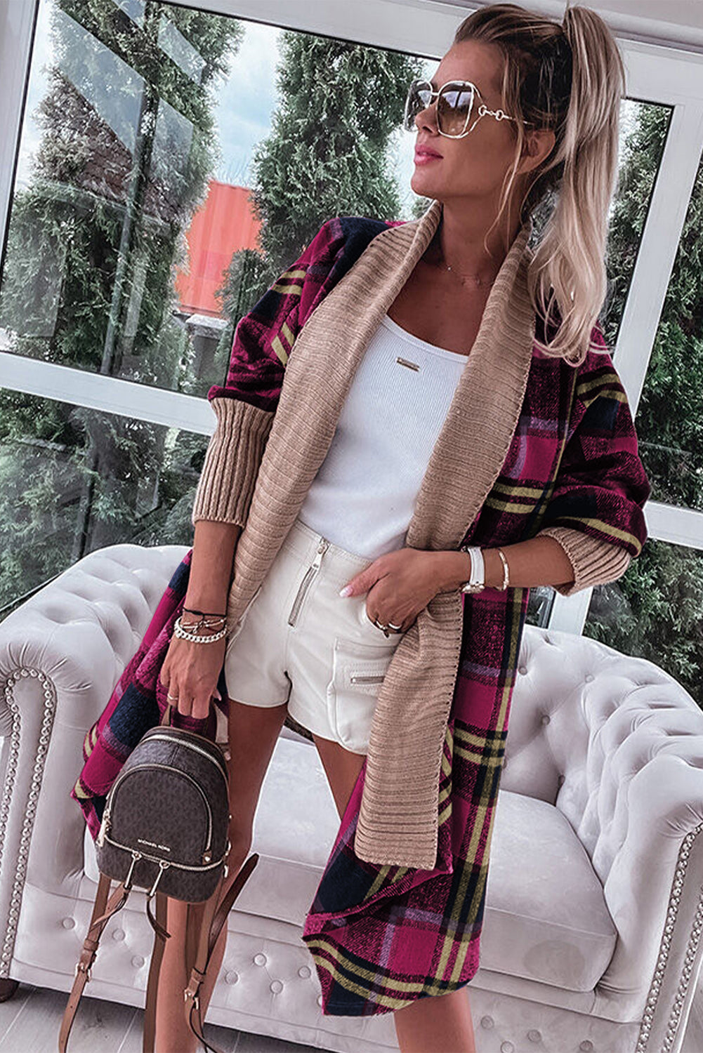 Brown Ribbed Splicing Plaid Open Front Cardigan