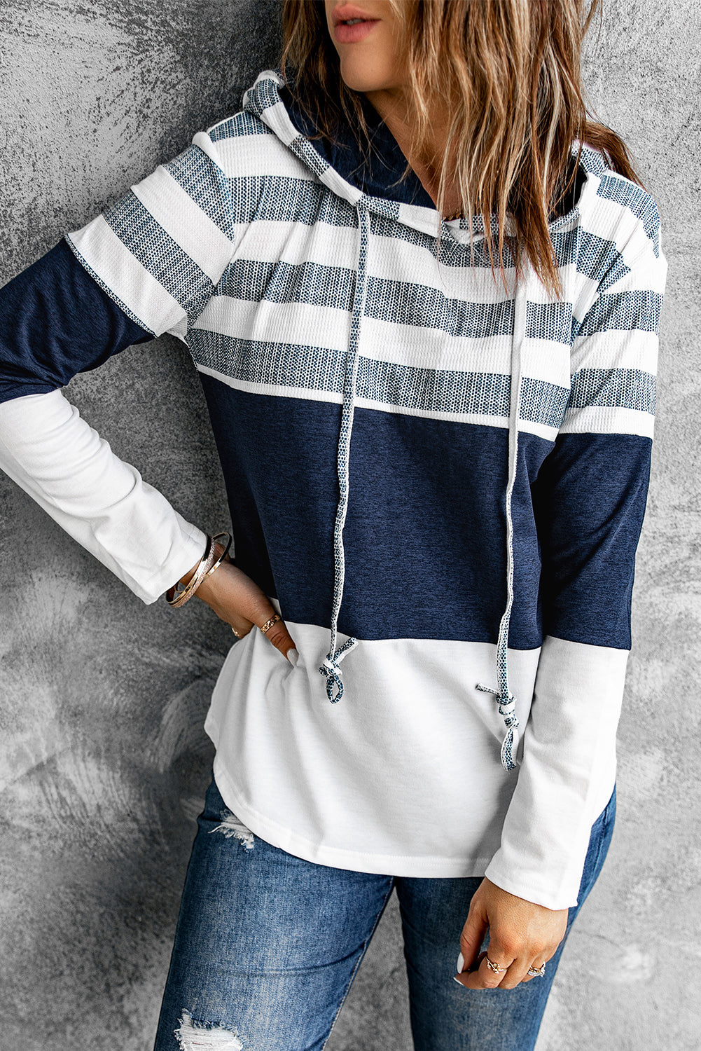 Navy Blue and White Stripes Pullover Hoodie for Women