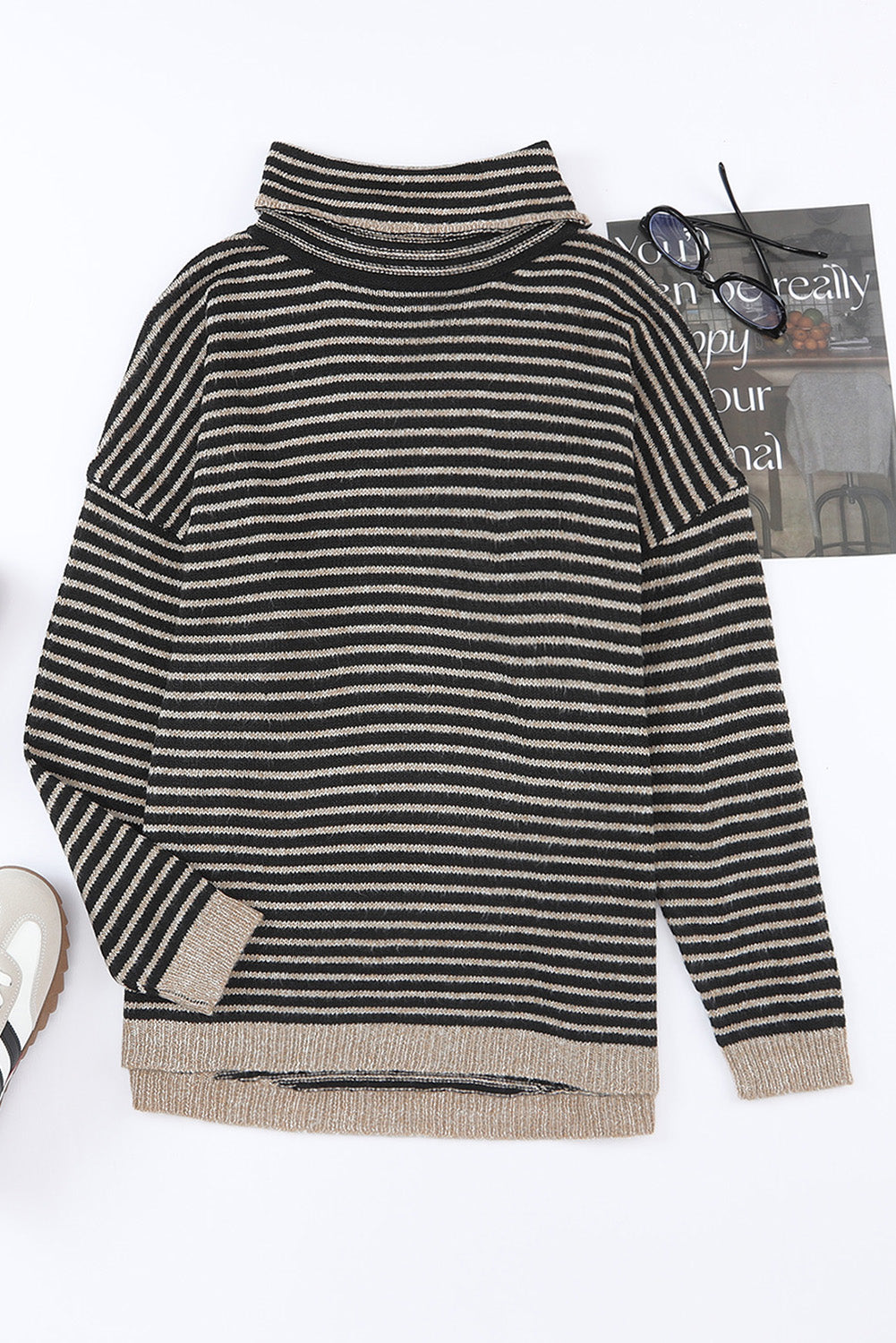 Khaki Striped Turtleneck Oversized Sweater