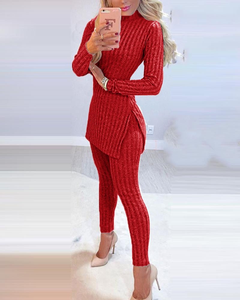 2pcs Suit Long Sleeve Ribbed Slit Long Top and High Waist Knitted Pencil Pants Set - 888kiko