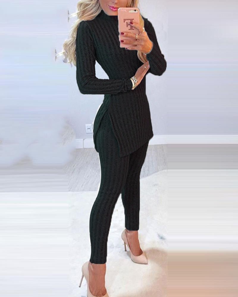 2pcs Suit Long Sleeve Ribbed Slit Long Top and High Waist Knitted Pencil Pants Set - 888kiko