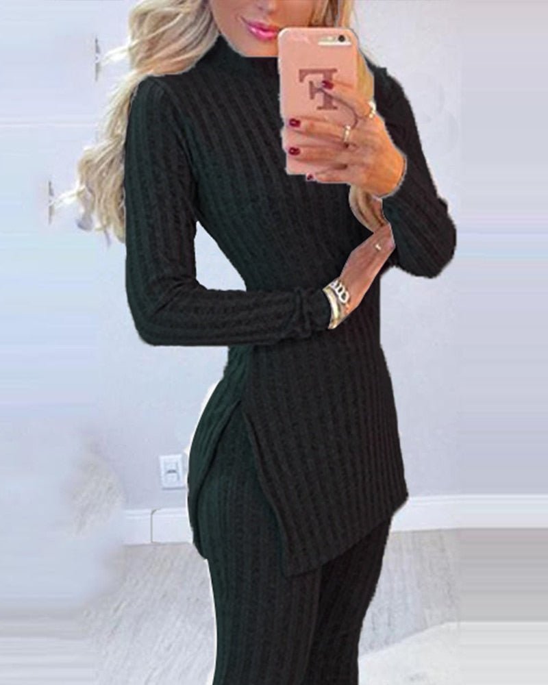 2pcs Suit Long Sleeve Ribbed Slit Long Top and High Waist Knitted Pencil Pants Set - 888kiko