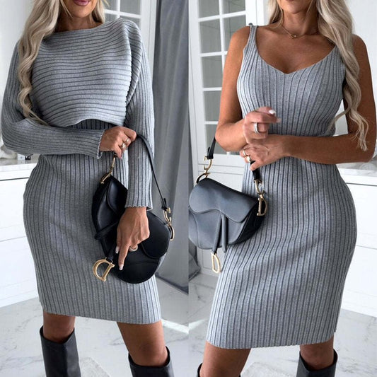 2pcs Suit Women's Solid Stripe Long - sleeved Top And Tight Suspender Skirt Fashion Autumn Winter Slim Clothing - 888kiko