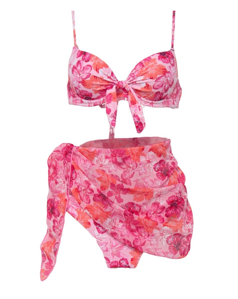 3 piece Floral Print Underwire Bikini Swimsuit With Beach Skirt Micro Triangle Push Up Bikinis Set - 888kiko