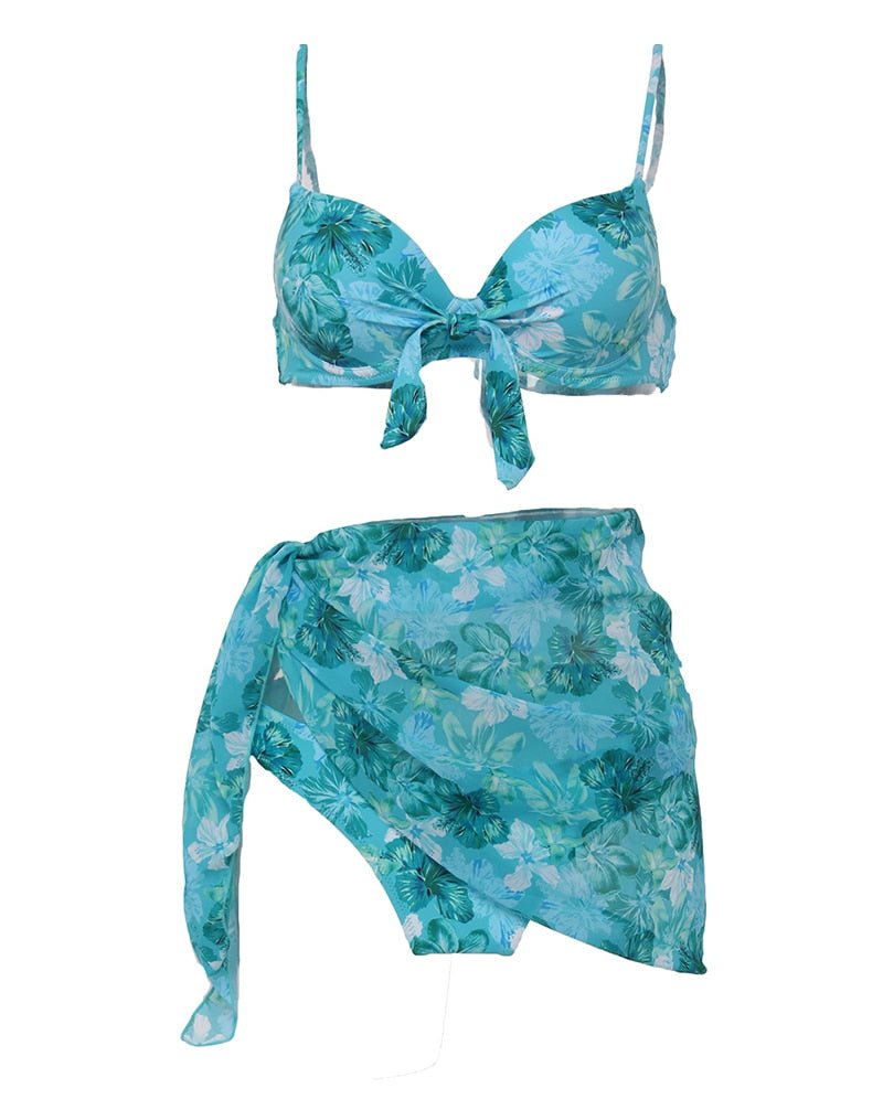 3 piece Floral Print Underwire Bikini Swimsuit With Beach Skirt Micro Triangle Push Up Bikinis Set - 888kiko