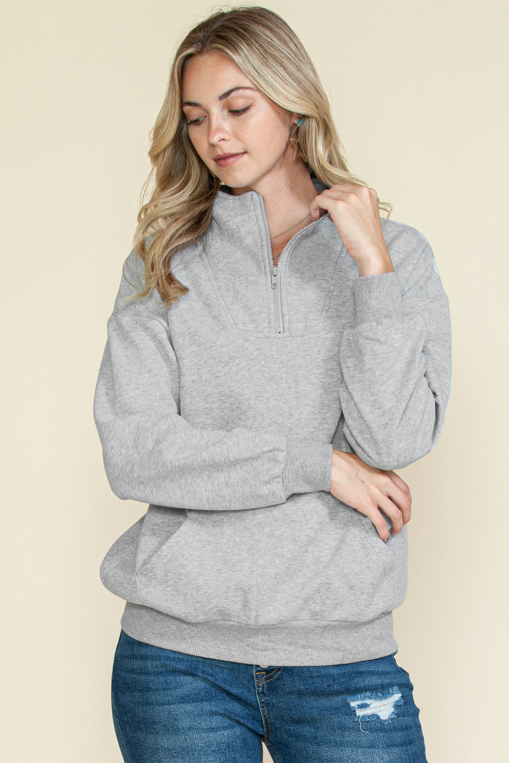 Gray Zipped Funnel Neck Kangaroo Pocket Sweatshirt