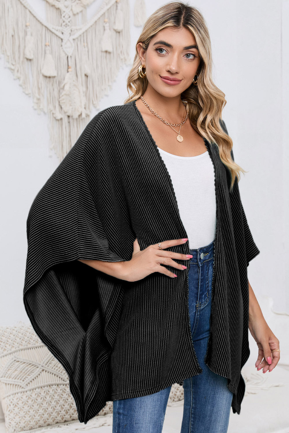 Apricot Textured Lace Trim Open Front Kimono Cardigan