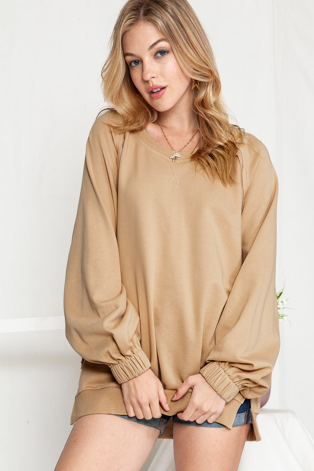 Flaxen Patchwork Crisscross Back Oversized Sweatshirt