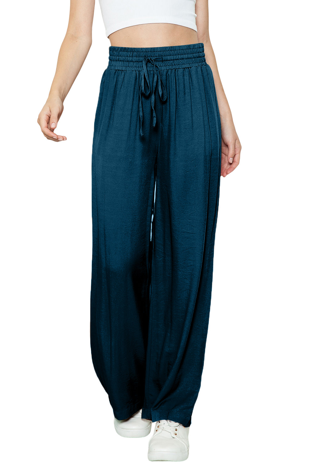 Black Plain Drawstring Shirred Elastic Waist Wide Leg Pants