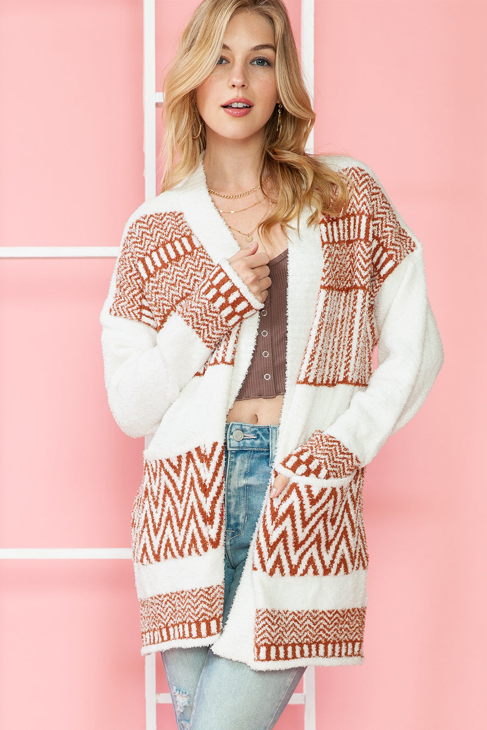 White Geometric Print V Neck Belted Cardigan