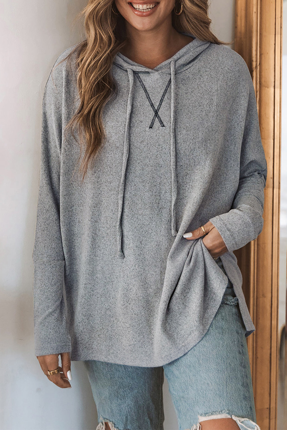 Grey Solid Color Casual Loose Drawstring Hoodie