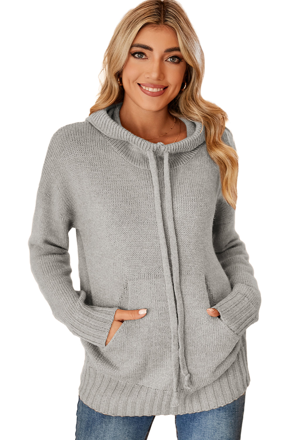 Gray Cowl Neck Drawstring Hooded Pullover Sweater