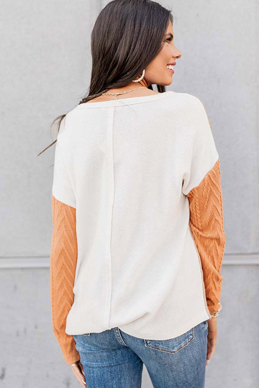 Peach Blossom Long Sleeve Patchwork Pocket Textured Knit Top