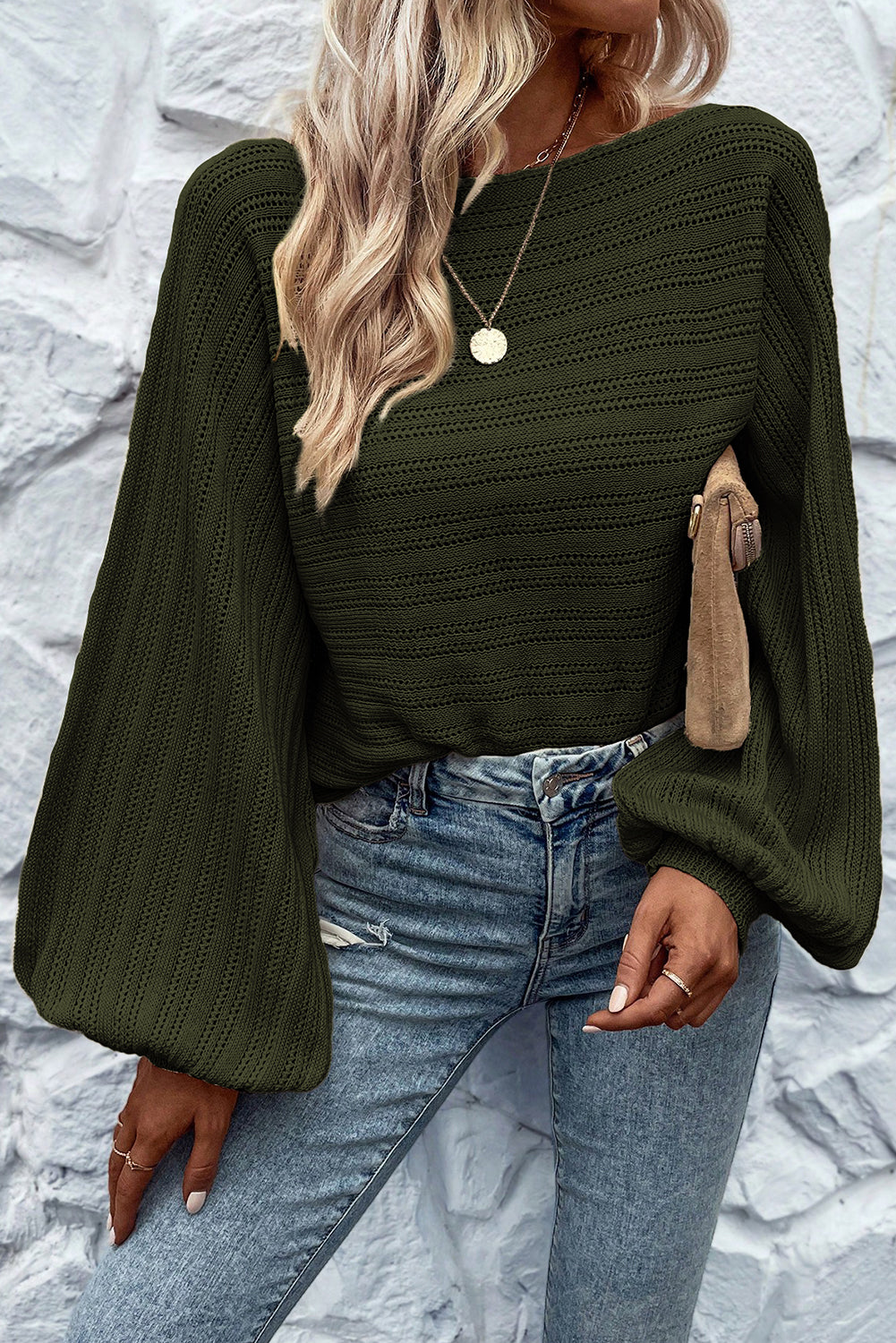 Pickle Green Casual Lantern Sleeve Eyelet Knit Sweater