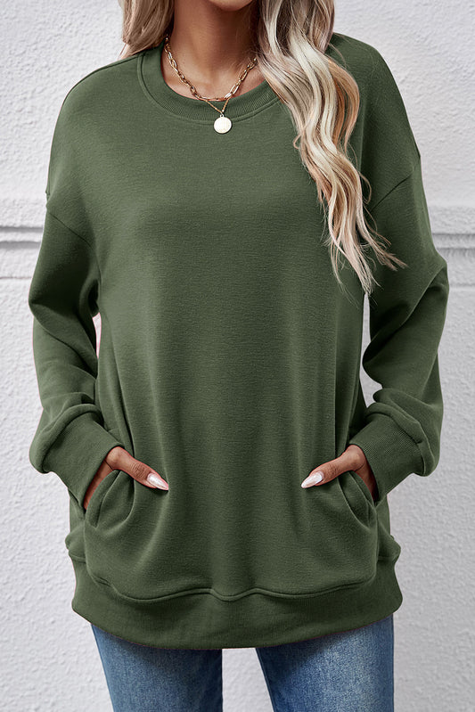 Moss Green Round Neck Pockets Tunic Sweatshirt