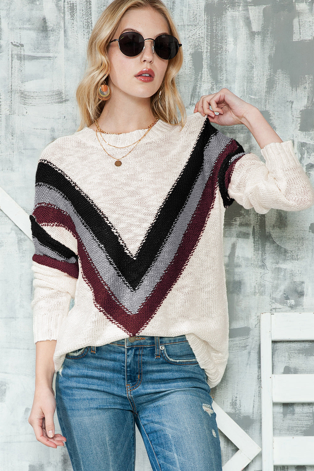 Chevron Striped Drop Shoulder Long Sleeve Pullover Sweater