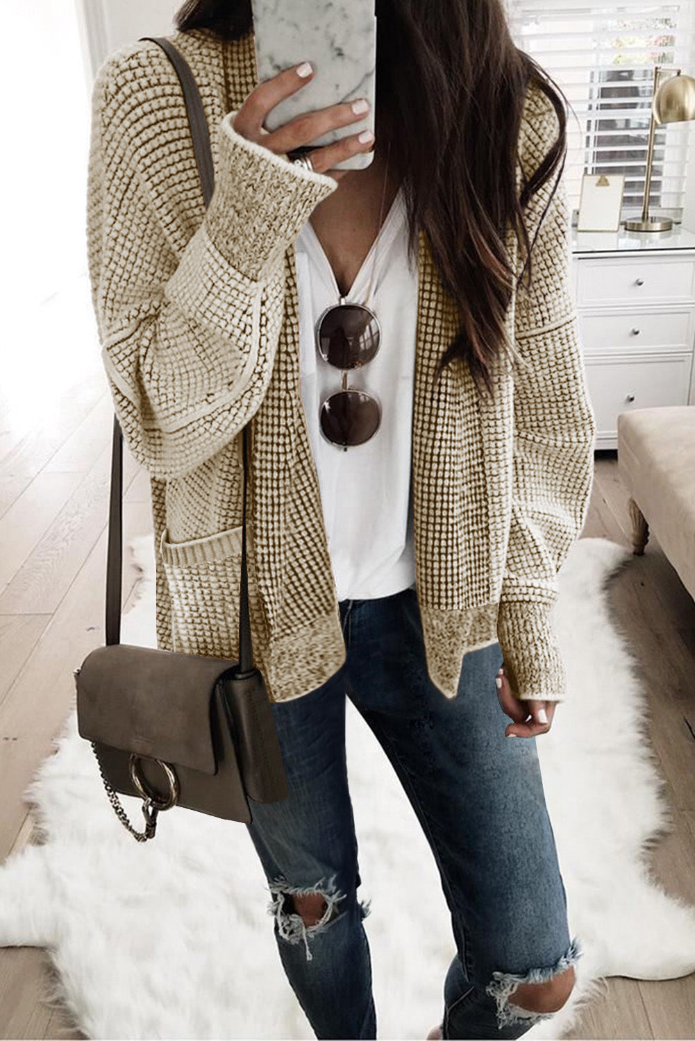 Black Chunky Knit Pockets Drop Sleeve Cardigan