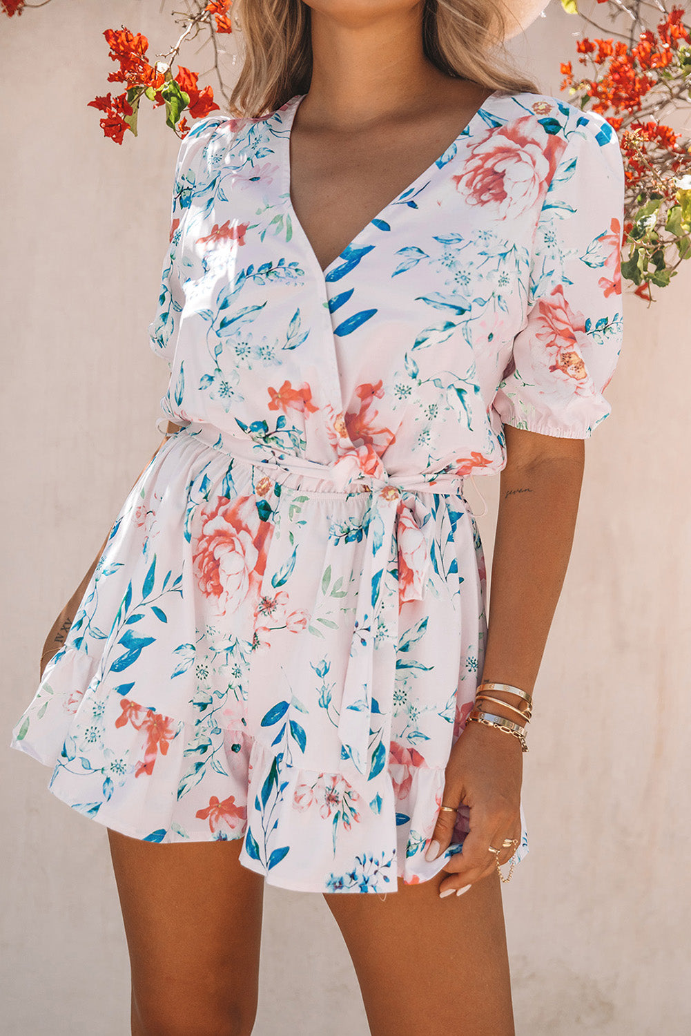 White Floral Print Puff Sleeves Belted Romper