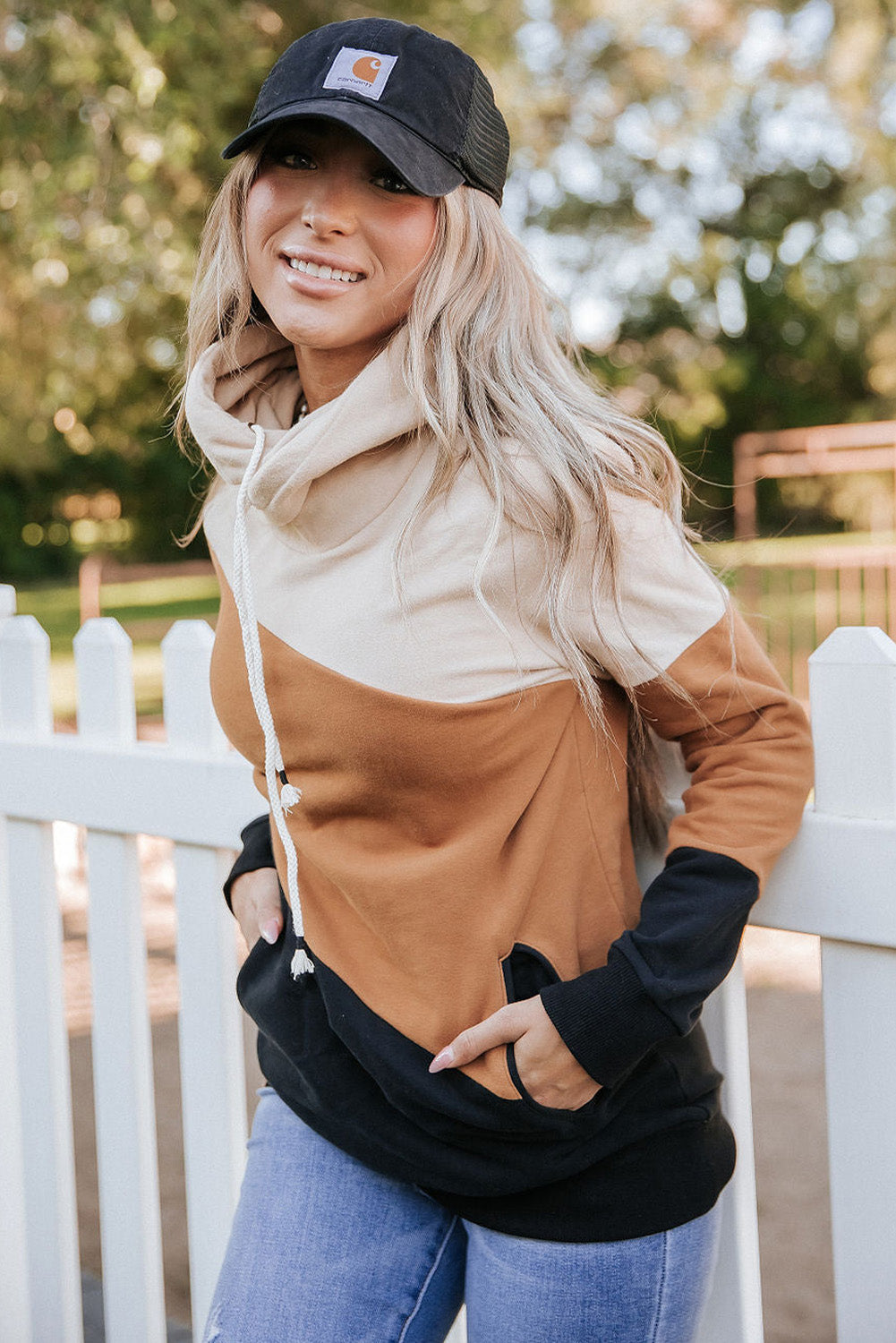 Khaki Color Block Long Sleeve Pullover Hoodie