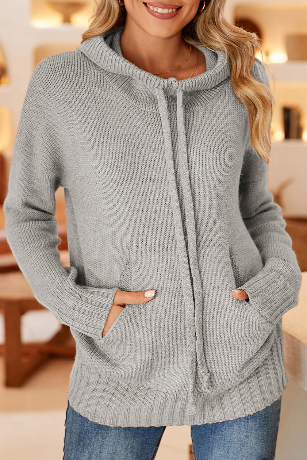 Gray Cowl Neck Drawstring Hooded Pullover Sweater