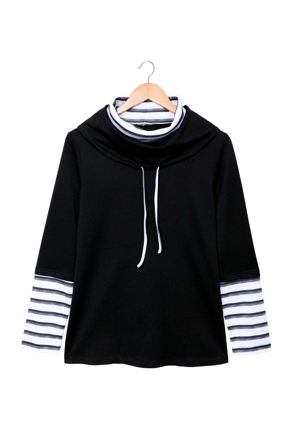 Black Stripes Detail Cowl Neck Drawstring Sweatshirt