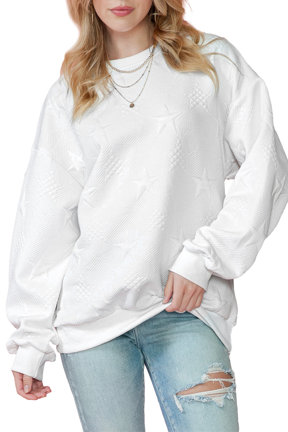 White Star Embossed Textured Drop Shoulder Sweatshirt