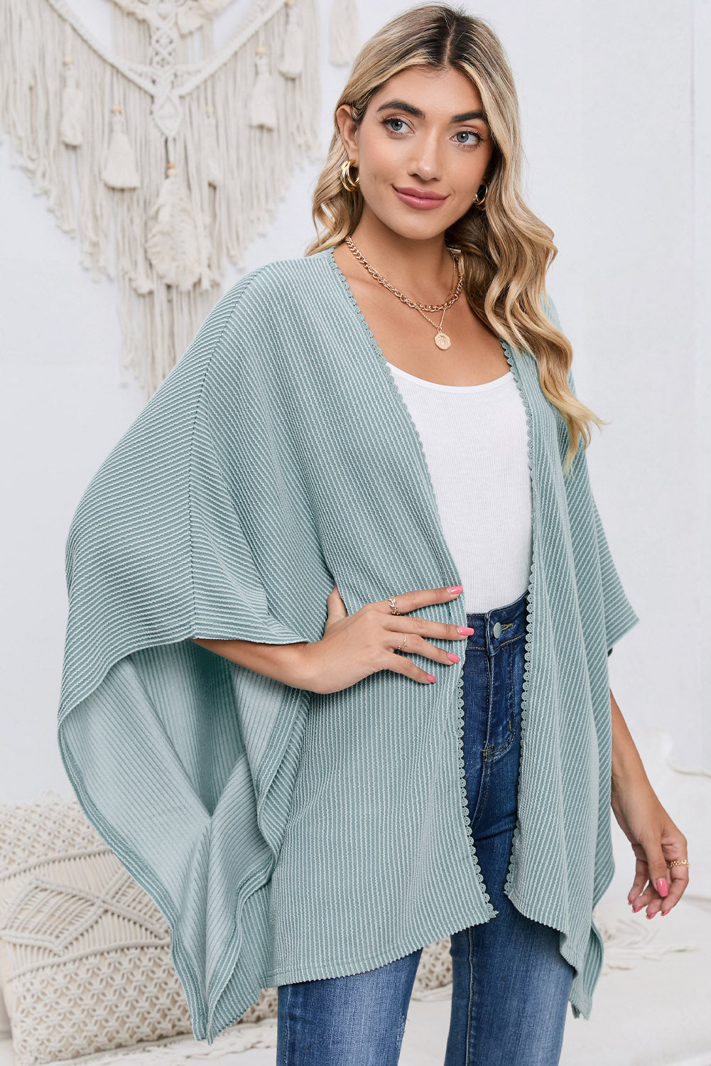 Apricot Textured Lace Trim Open Front Kimono Cardigan