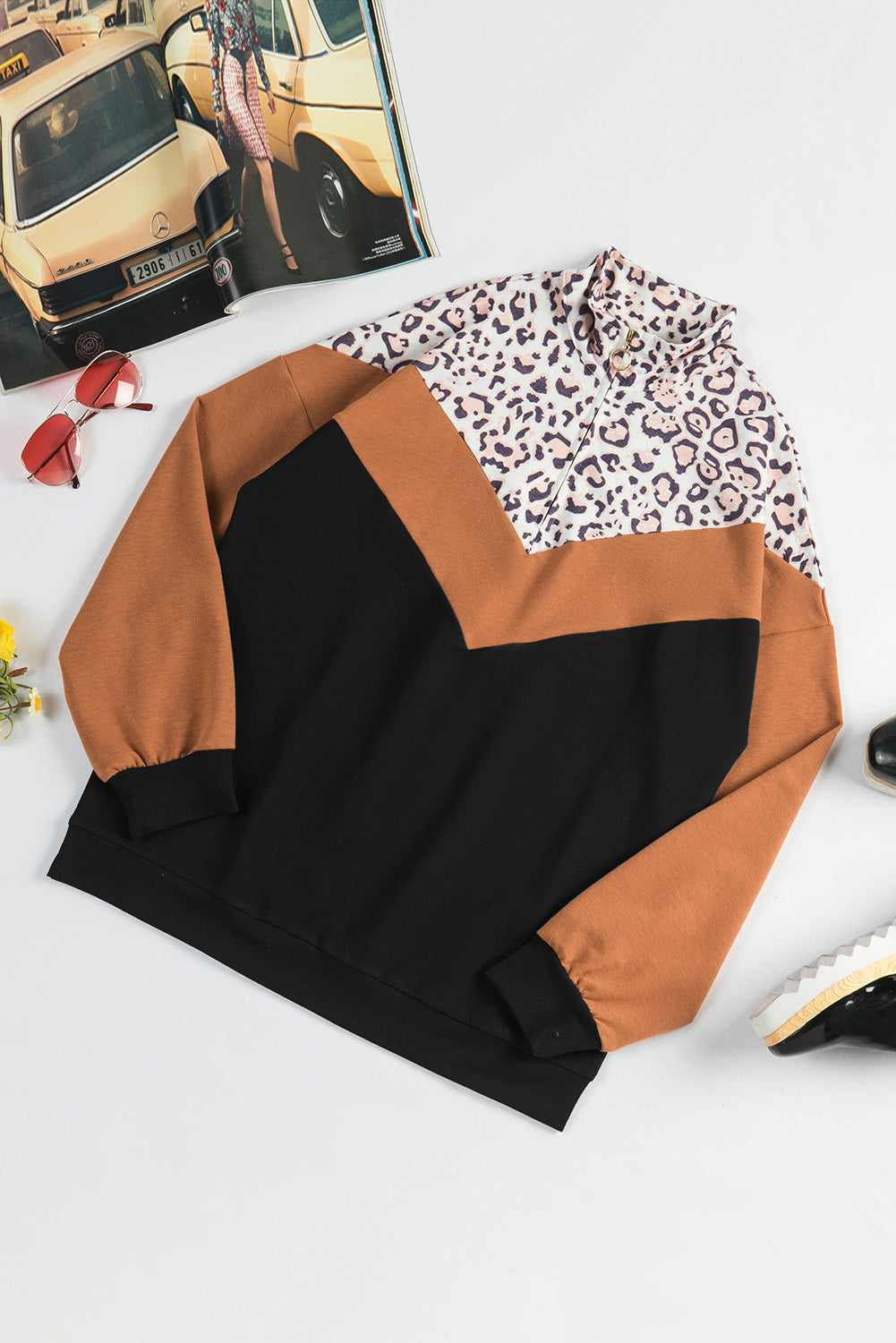 Cheetah Print Color Block Chevron Quarter Zip Sweatshirt