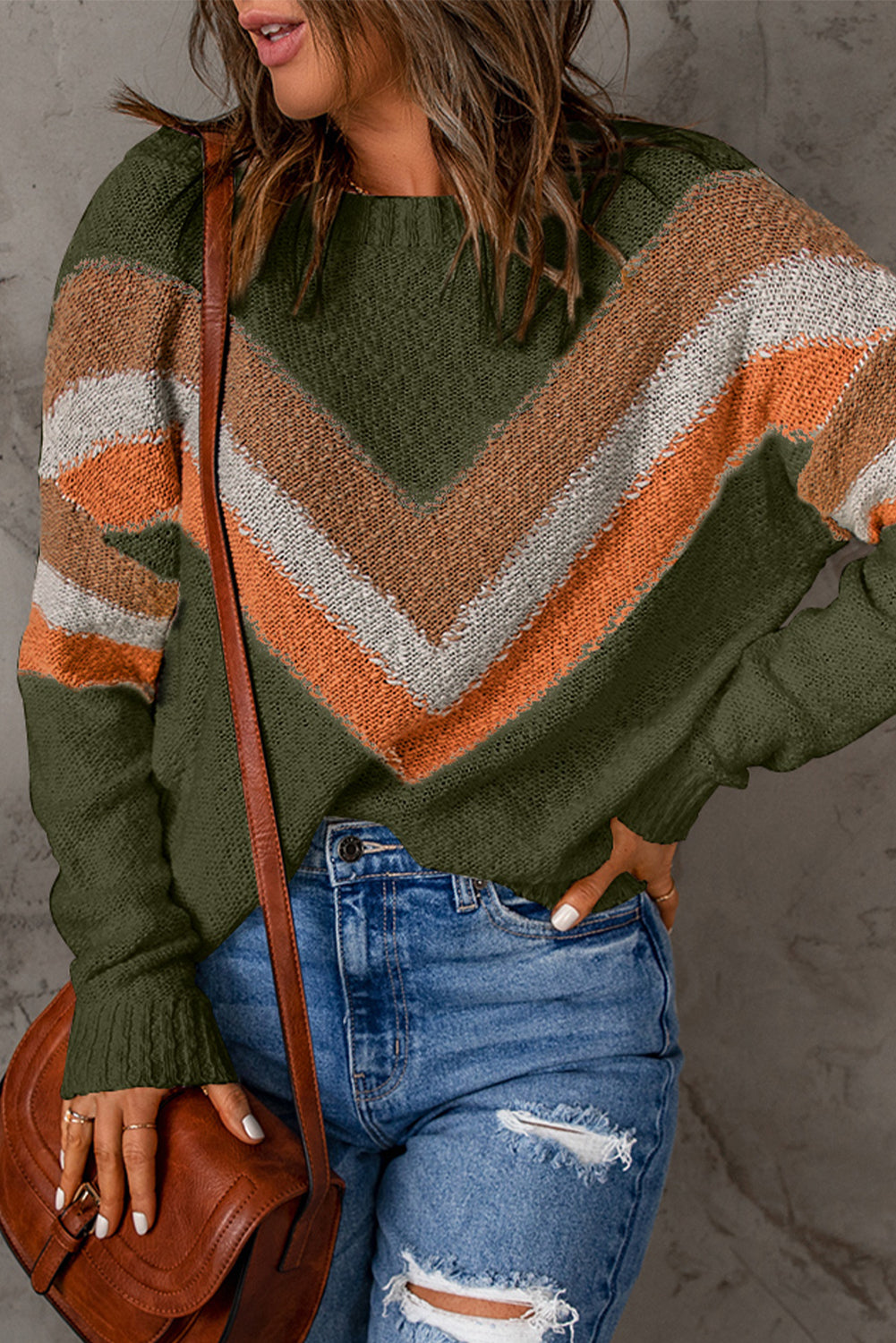 Chevron Striped Drop Shoulder Long Sleeve Pullover Sweater