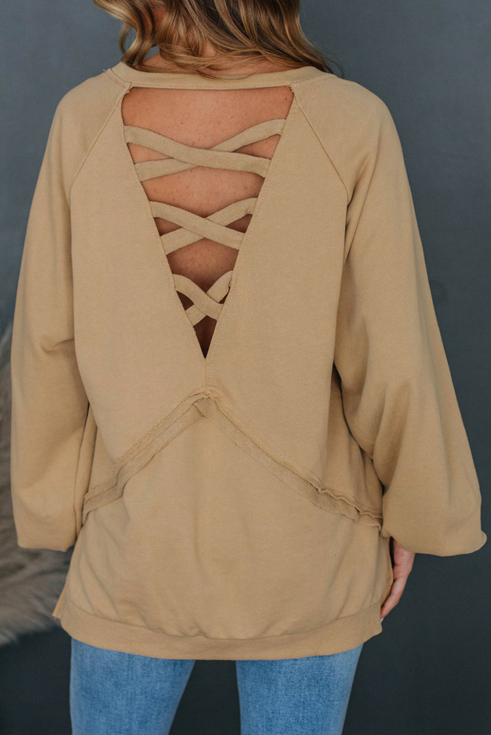 Flaxen Patchwork Crisscross Back Oversized Sweatshirt