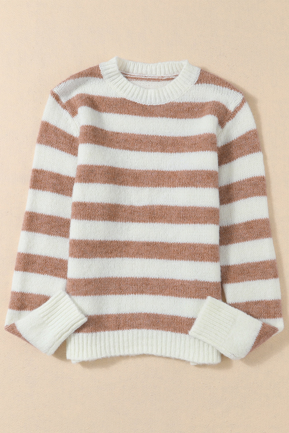 Brown Striped Colorblock Long Sleeve Casual Sweater