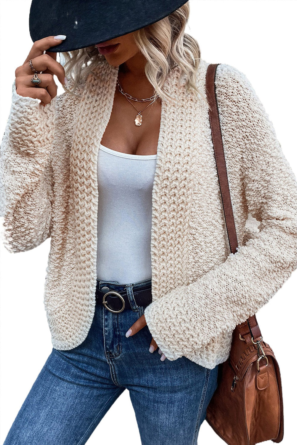 Gray Popcorn Knit Open Front Cardigan