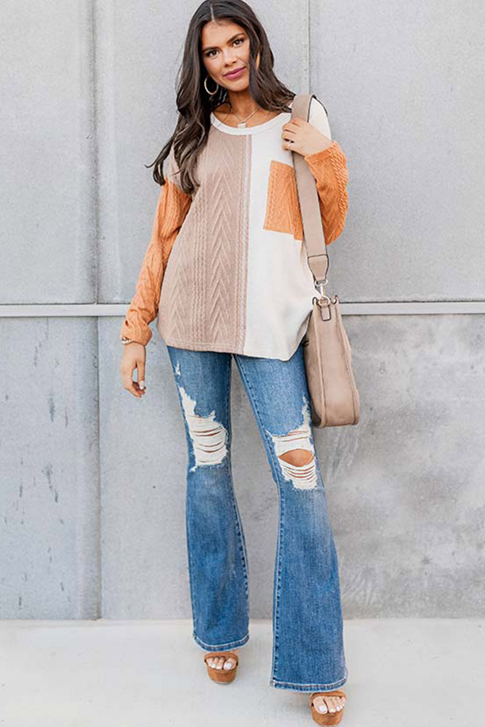 Peach Blossom Long Sleeve Patchwork Pocket Textured Knit Top