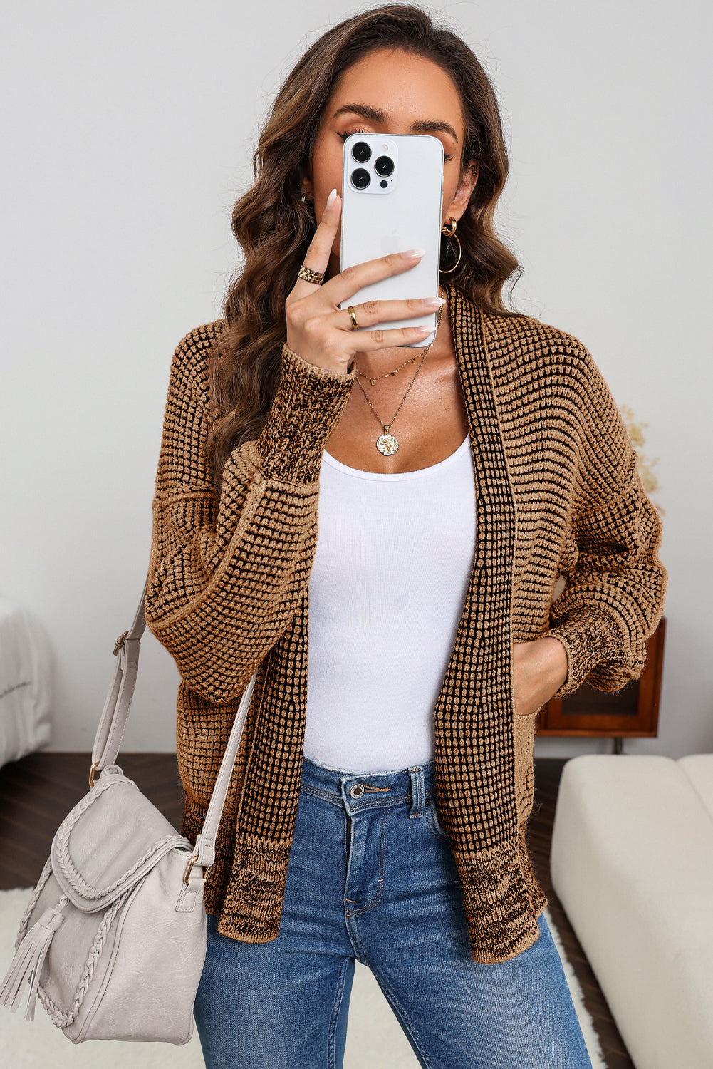 Black Chunky Knit Pockets Drop Sleeve Cardigan