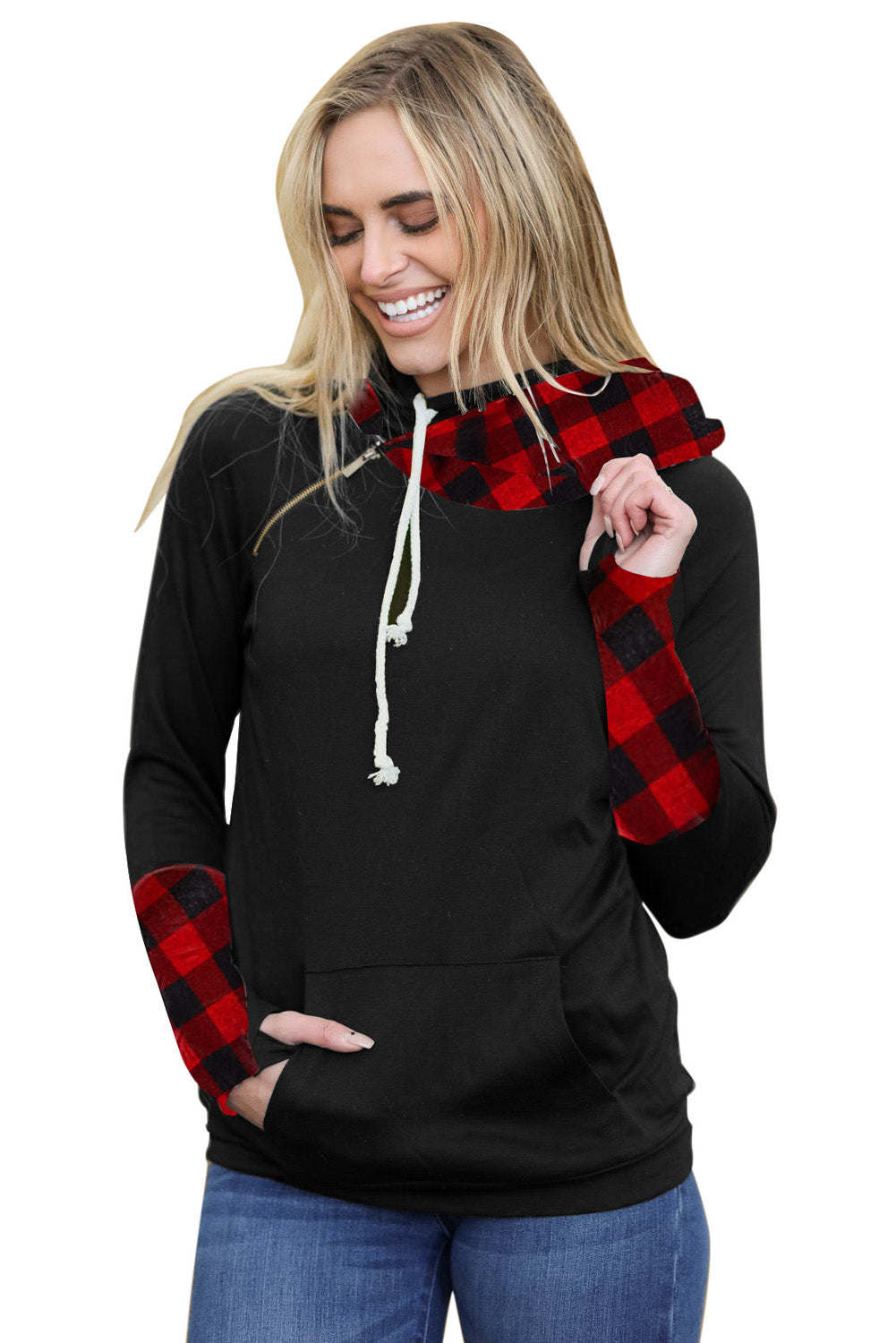 Black Raglan Sleeve Pullover Hoodie With Kangaroo Pocket