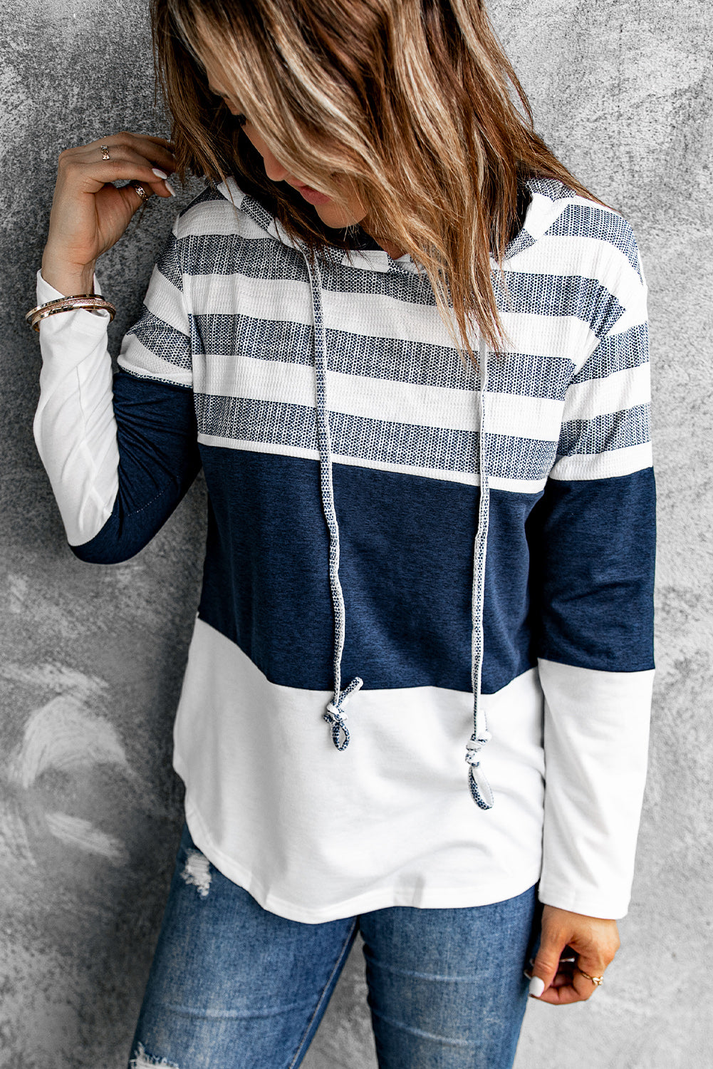 Navy Blue and White Stripes Pullover Hoodie for Women