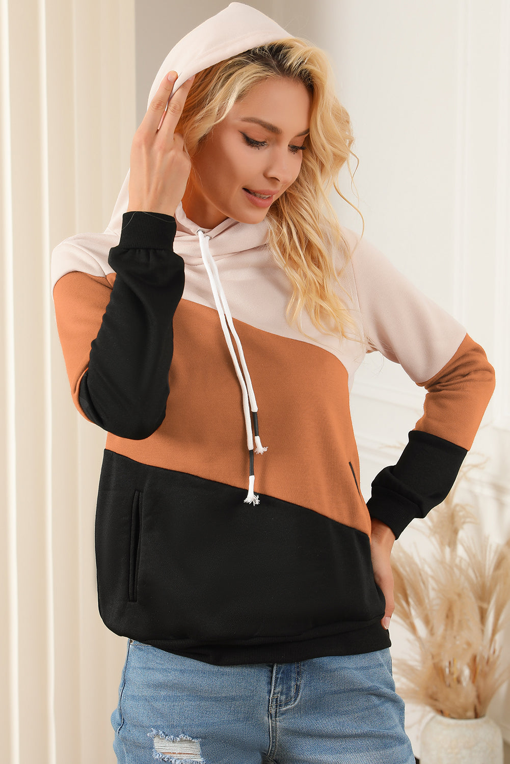 Khaki Color Block Long Sleeve Pullover Hoodie