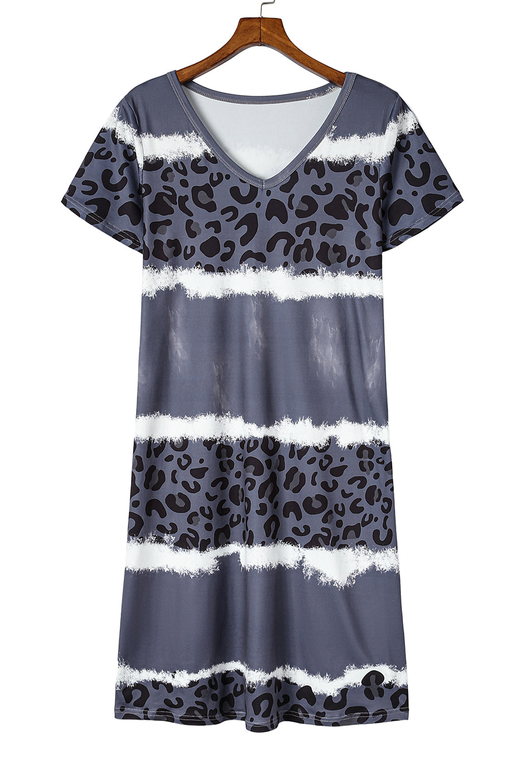 Grey Leopard Tie Dye Color Block V-Neck T-Shirt Dress