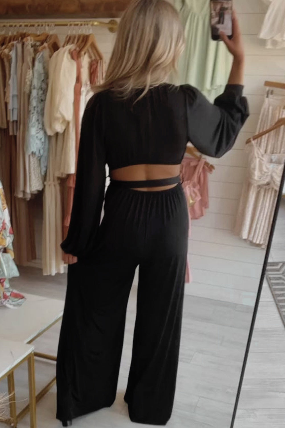 Black Cutout Back Deep V Belted Wide Leg Jumpsuit