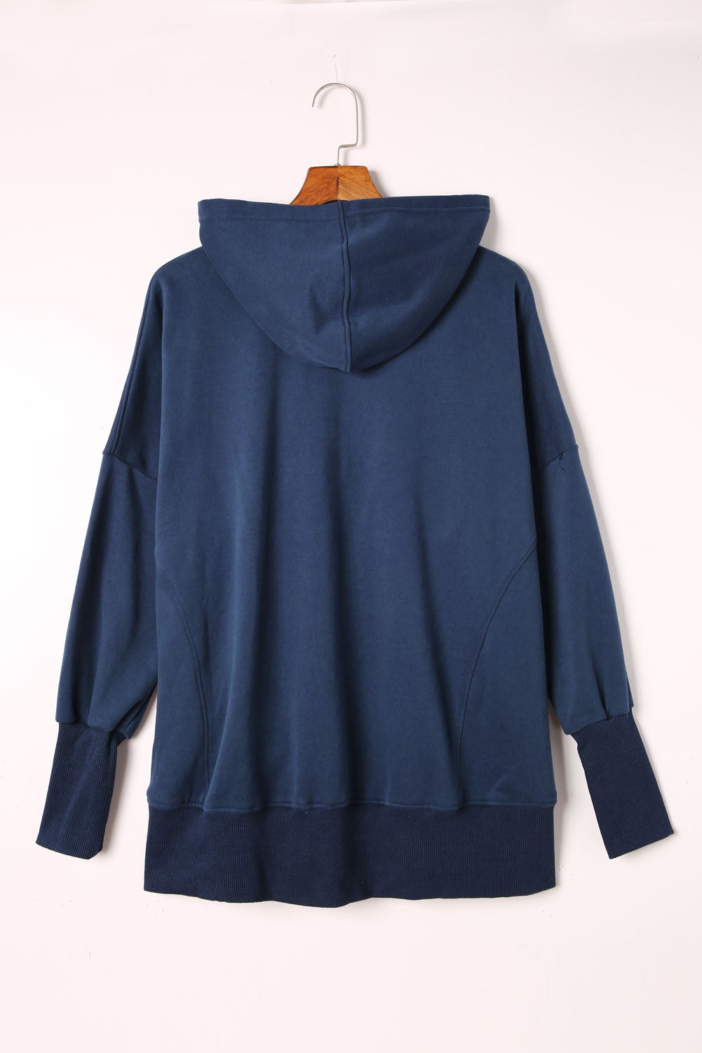 Black Casual Pocketed Batwing Sleeve Henley Hoodie