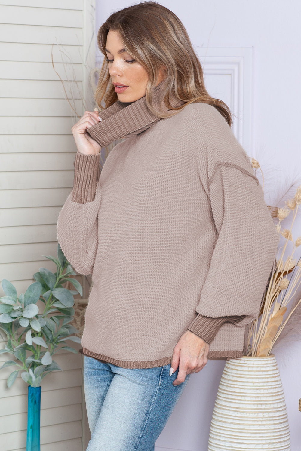 Khaki Pullover Drop Shoulder Chunky Turtleneck Sweater