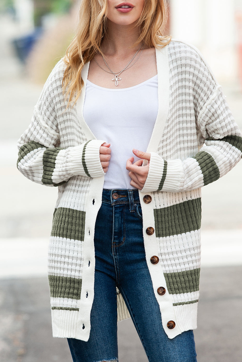 Black Striped Textured Knit Buttoned Cardigan