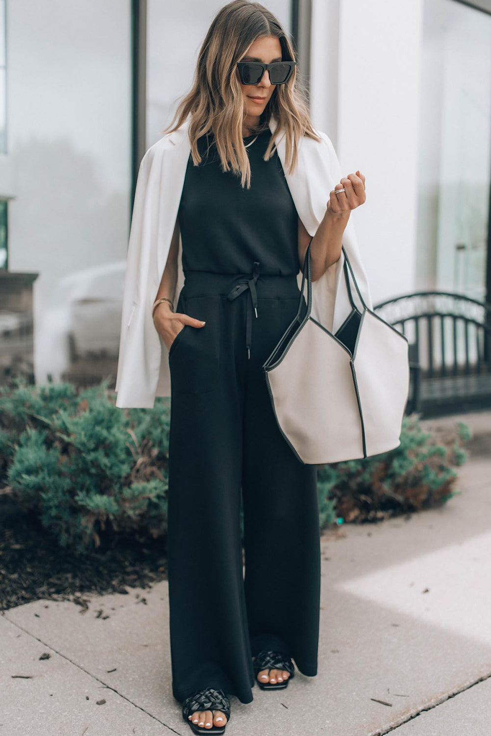 Black Solid Sleeveless Wide Leg Tank Jumpsuit