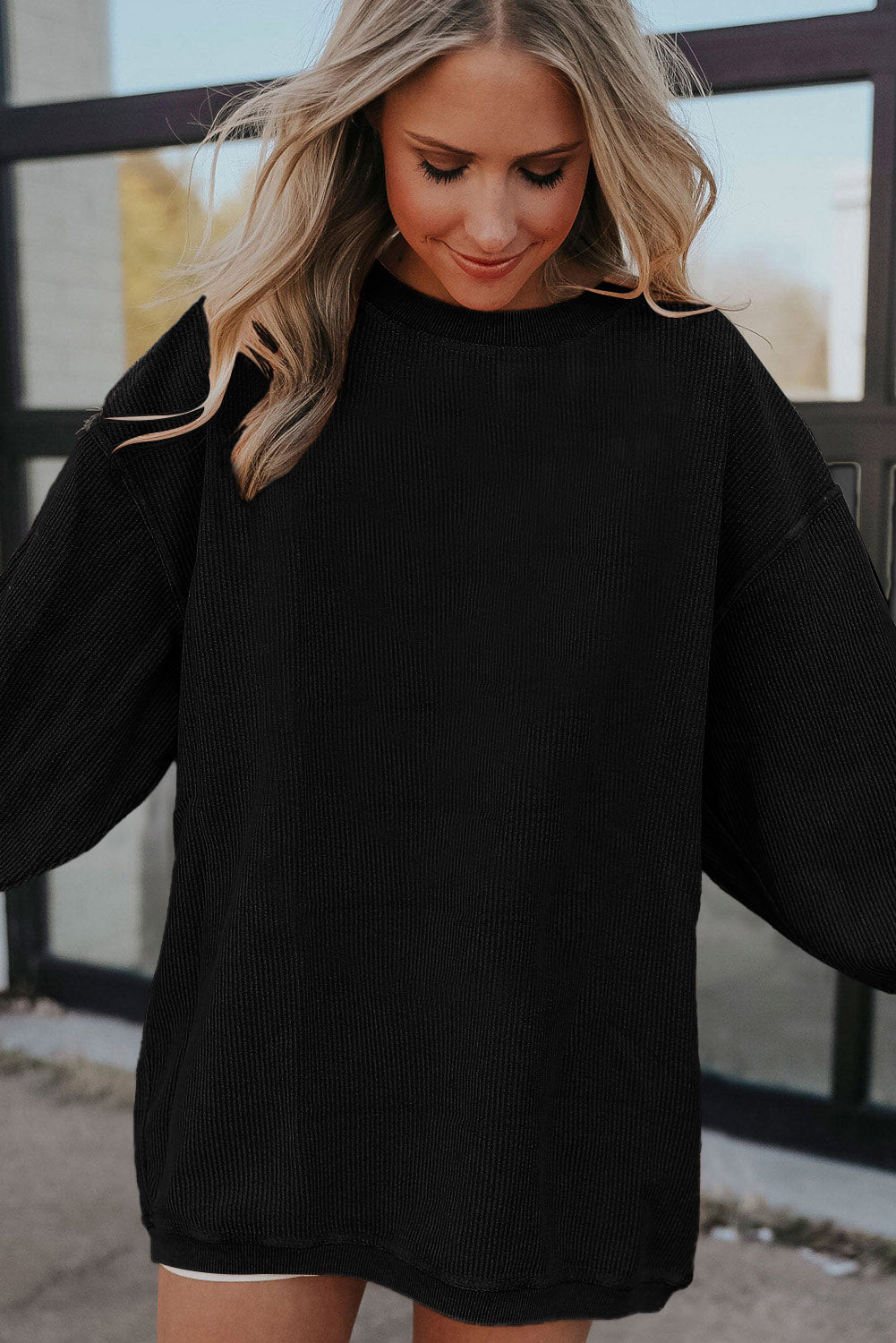 Apricot Drop Shoulder Ribbed Oversized Sweatshirt