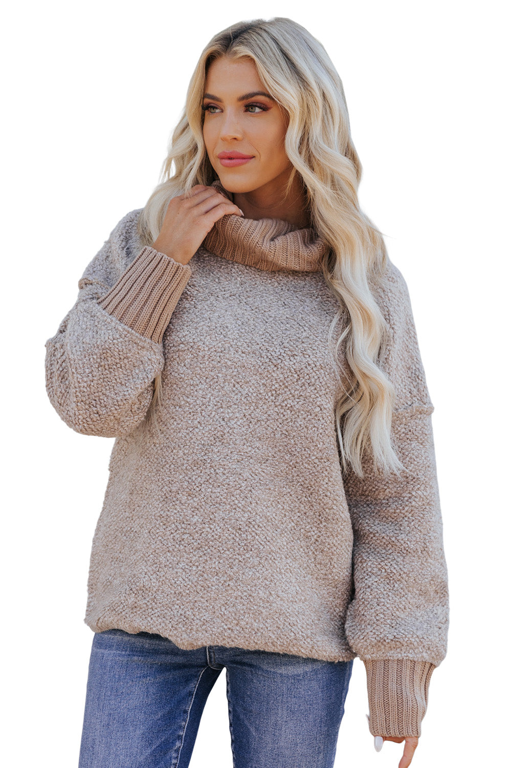 Khaki Pullover Drop Shoulder Chunky Turtleneck Sweater