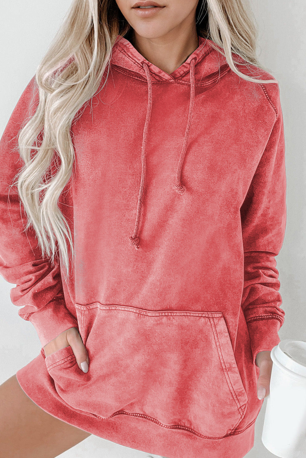 Gray Mineral Washed Kangaroo Pocket Drawstring Hoodie