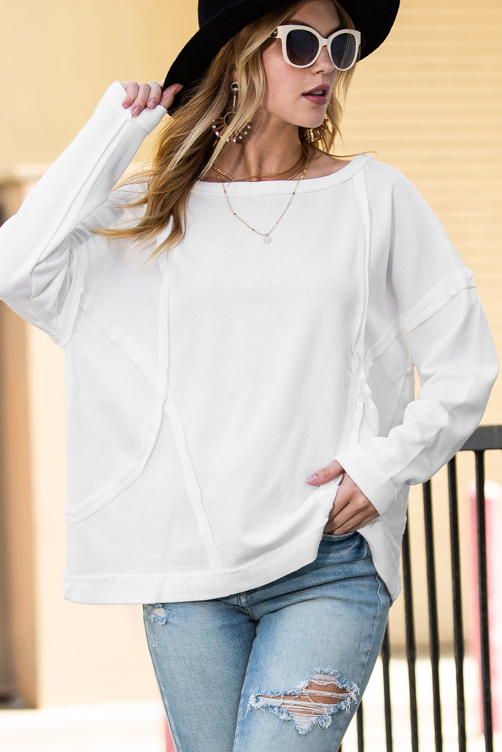 White Drop Shoulder Exposed Seam Oversized Sweatshirt